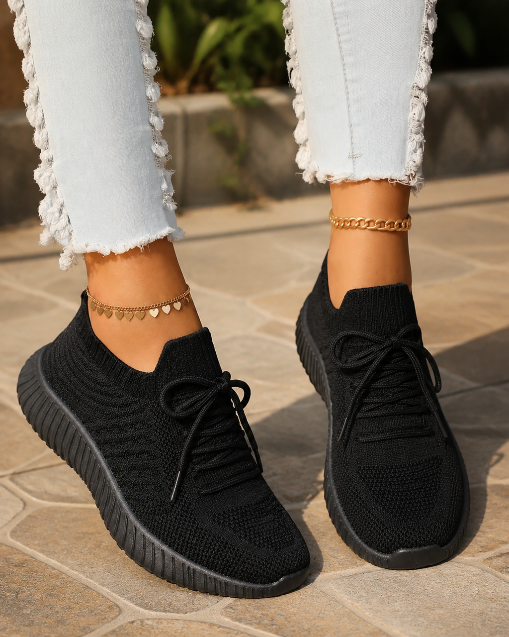 Kerry Knit Comfort Sneakers | Women's Lightweight Walking Trainers — Black — onfoot