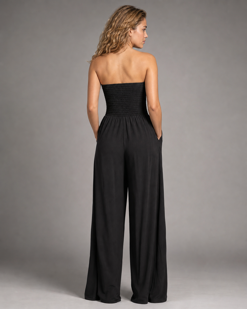Bella Strapless Jumpsuit | Women's Wide-Leg One-Piece — Black — back