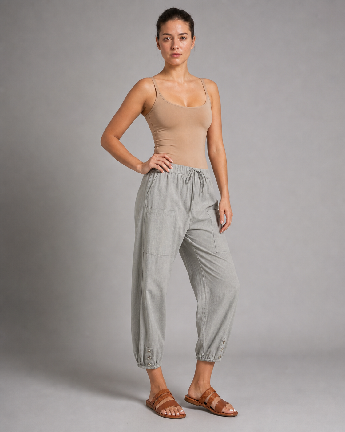 Lena High-Waist Straight Pants | Women's Relaxed Trousers — Light Grey — threequarter
