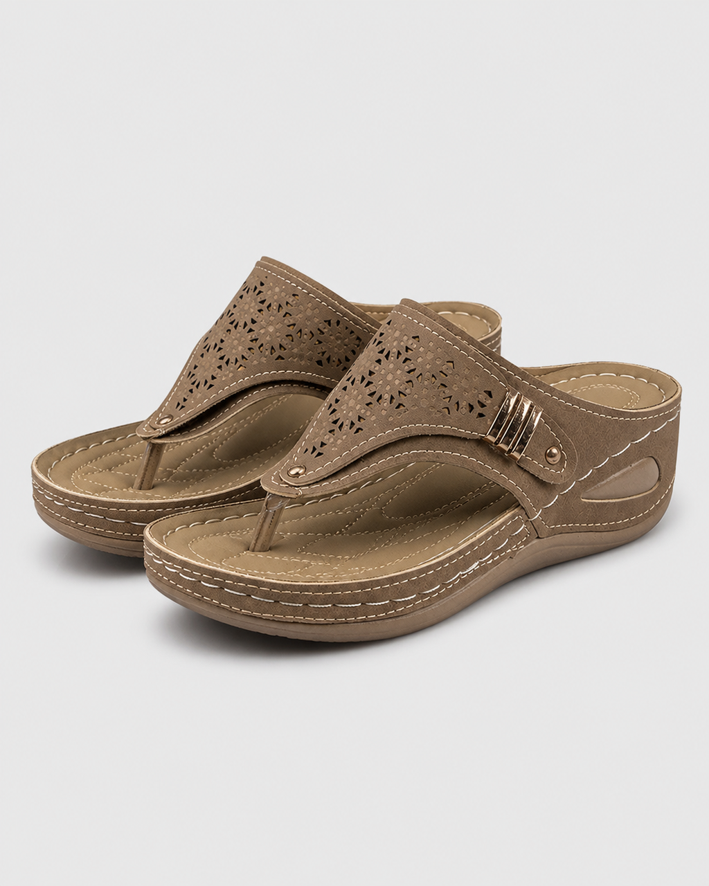 Zara Embroidered Wedge Sandals | Women's Toe-Post Slip-On Sandals — Brown — hero