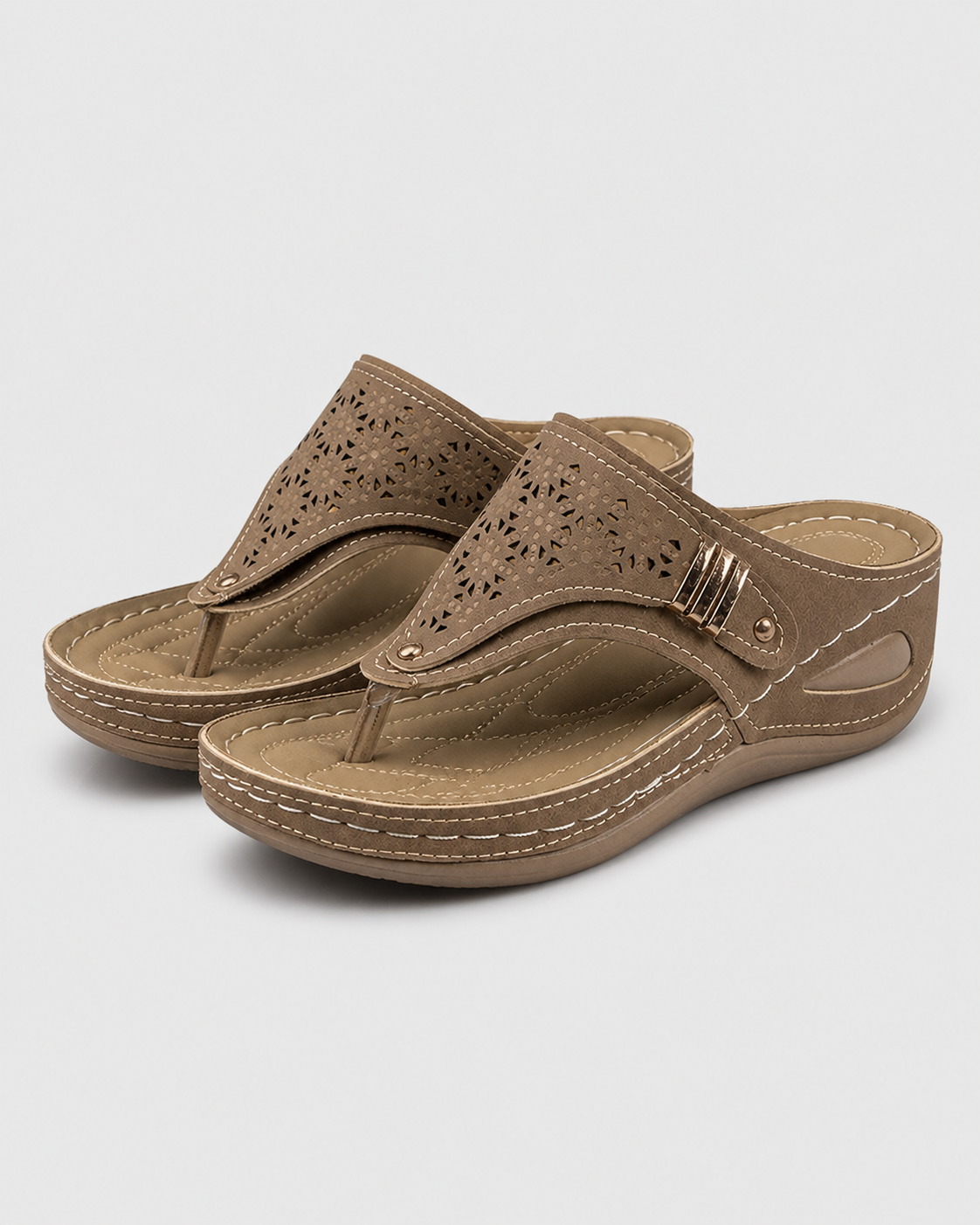 Zara Embroidered Wedge Sandals | Women's Toe-Post Slip-On Sandals — Brown — hero