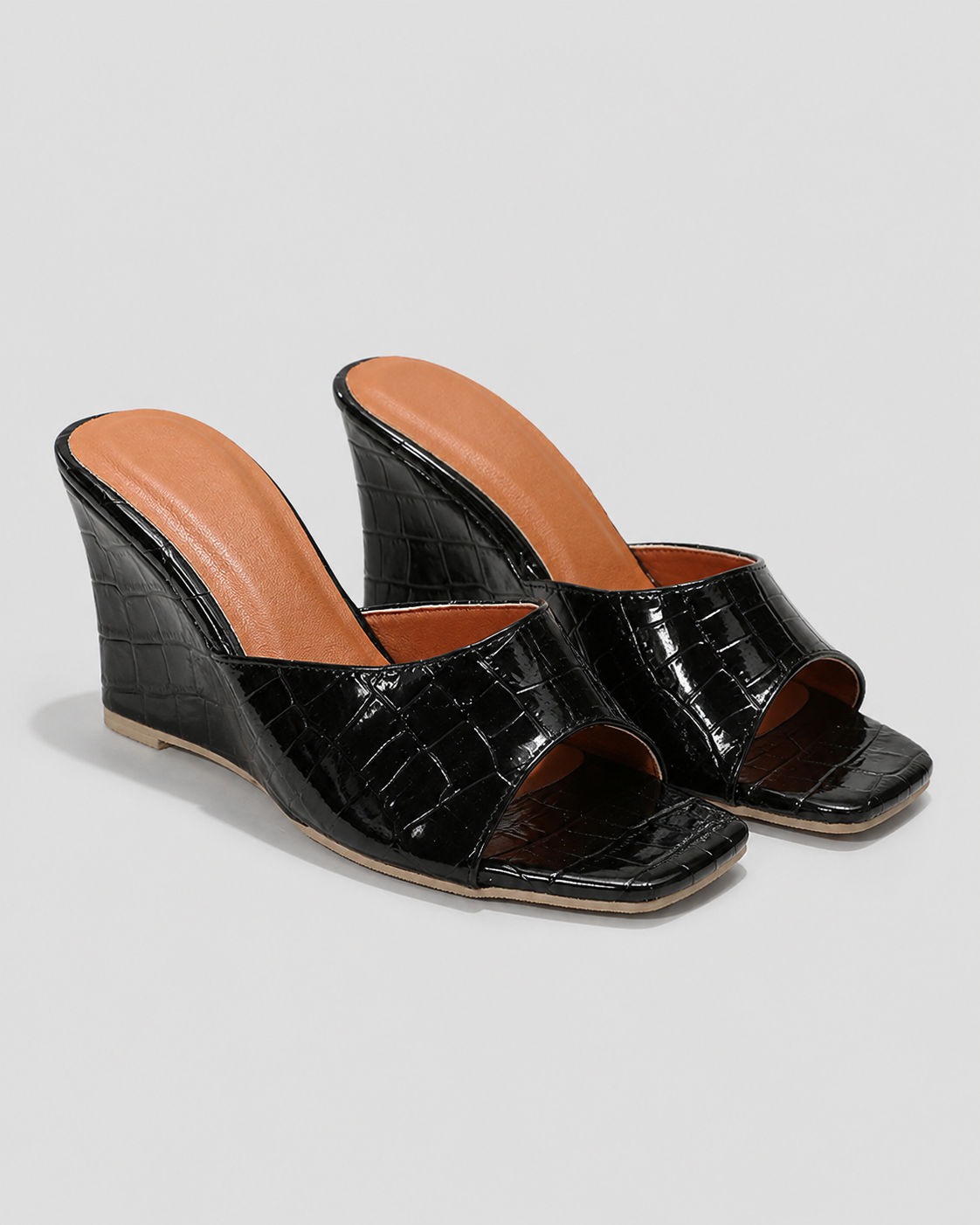 Monroe Snake-Effect Wedge Sandals | Women's Peep-Toe Mule Sandals — Black — hero