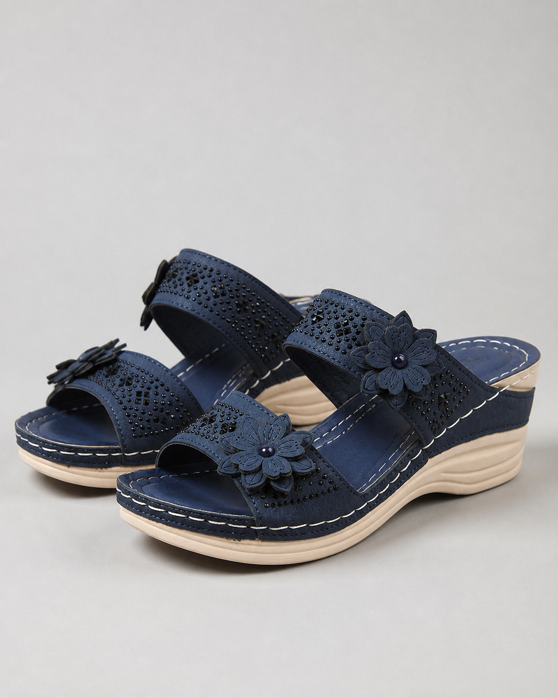 Delor Floral Wedge Slides | Women's Slip-On Platform Sandals — Navy Blue — hero
