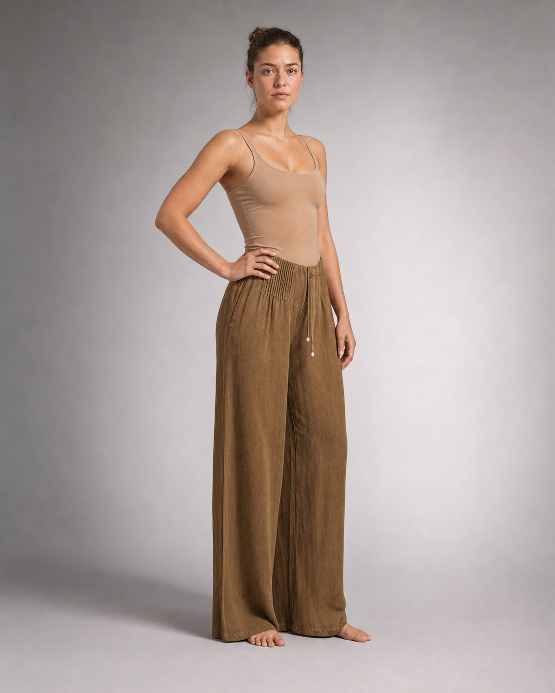 Annabelle Wide-Leg Palazzo Pants | Women's Drawstring Trousers — Khaki — threequarter