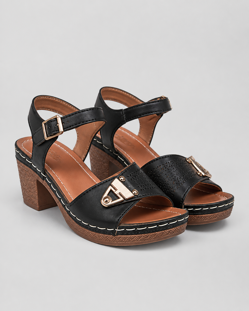 Amalfi Block Heel Sandals | Women's Strappy Buckle Heeled Sandals — Black — hero