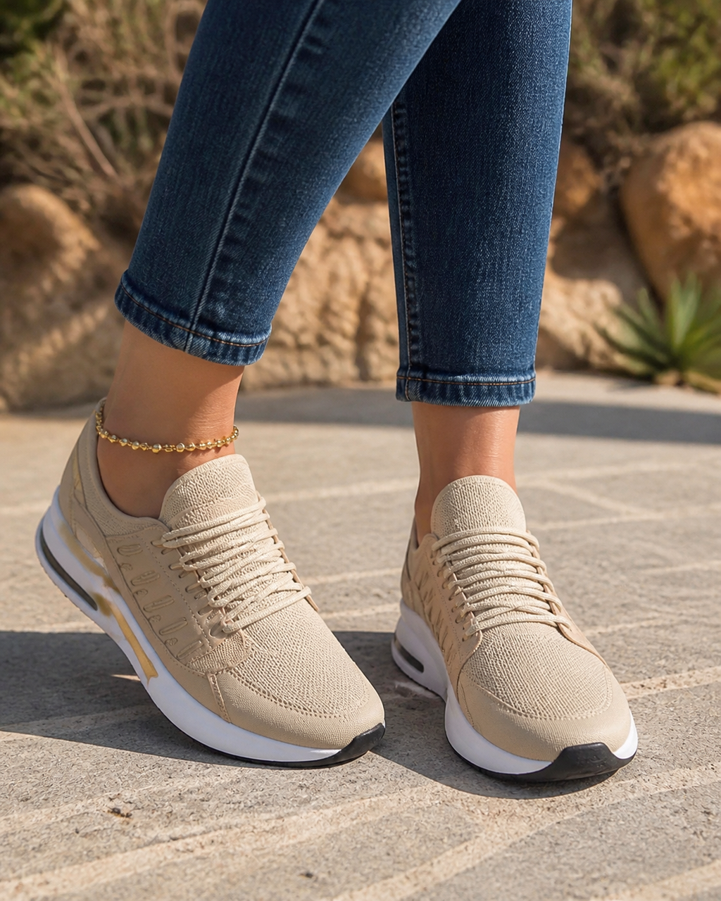 Thea Air-Cushion Platform Sneakers | Women's Running Trainers — Beige — onfoot