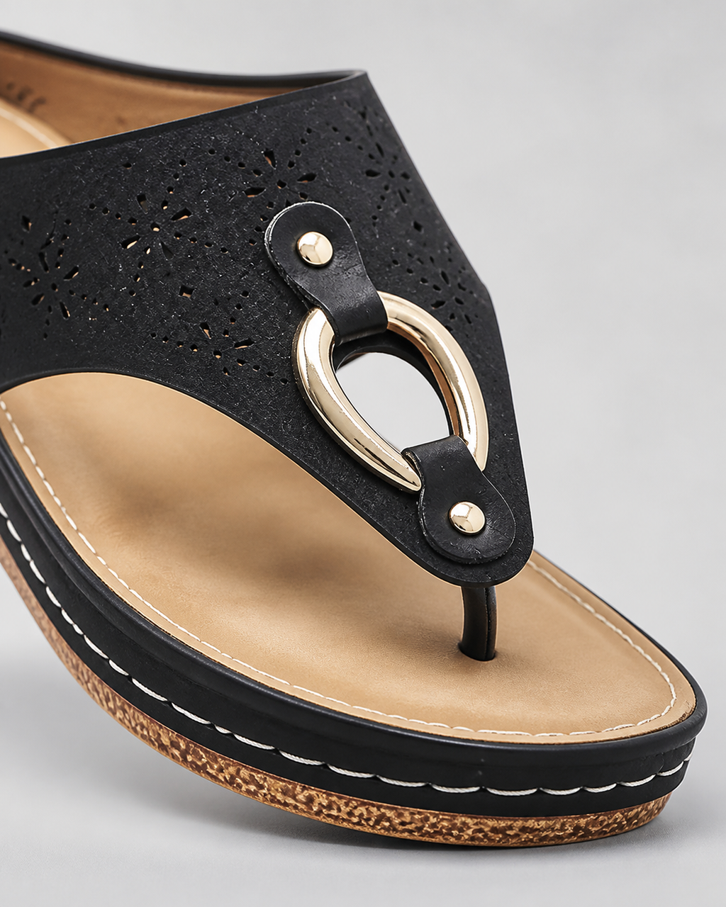 Bianca Toe-Loop Flat Sandals | Women's Embellished Comfort Sandals — Black — macro