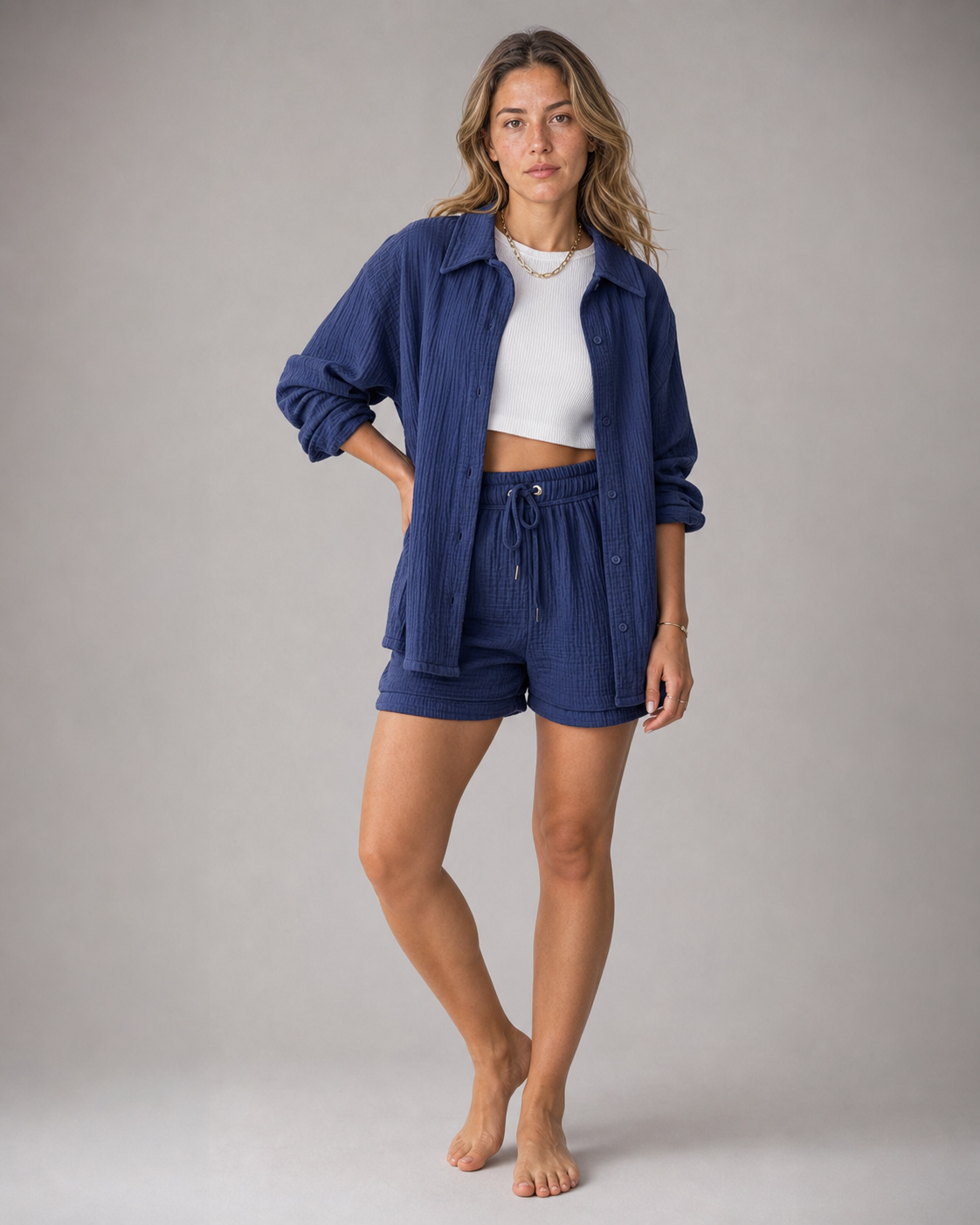 Rosa Shirt & Shorts Set | Women's Two-Piece Summer Co-Ord — Blue — threequarter