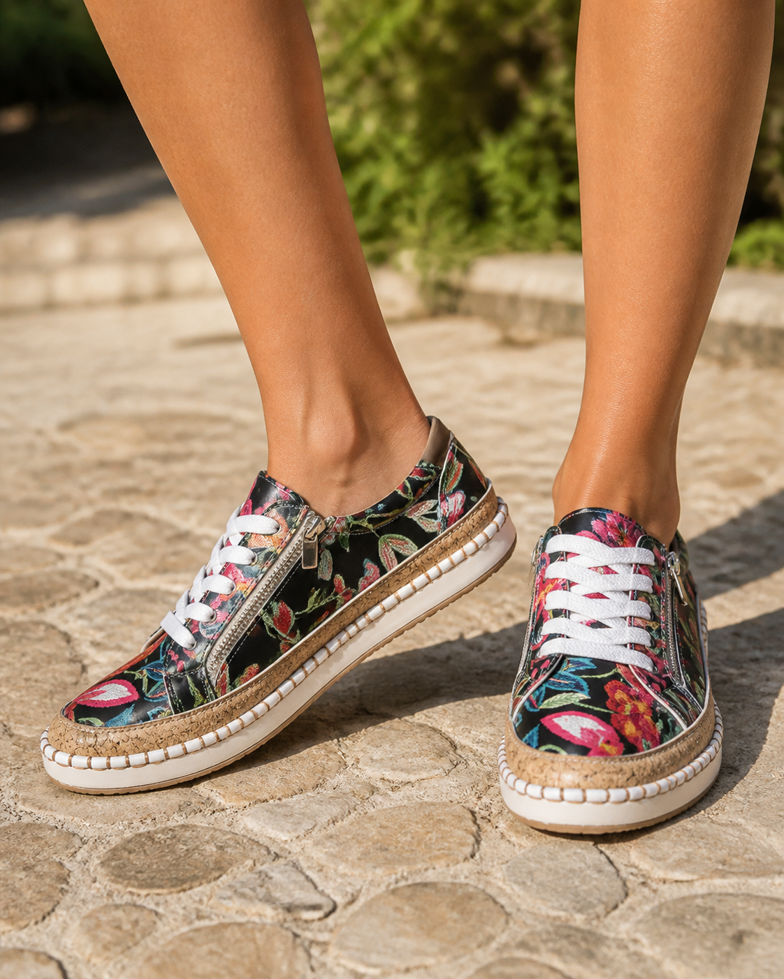 Blossom Floral Espadrille Sneakers | Women's Embroidered Zip Trainers — Black — onfoot
