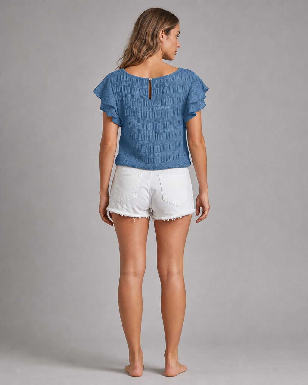 Charmaine Smocked Flutter-Sleeve Top | Women's Ruffle Blouse — Blue — back