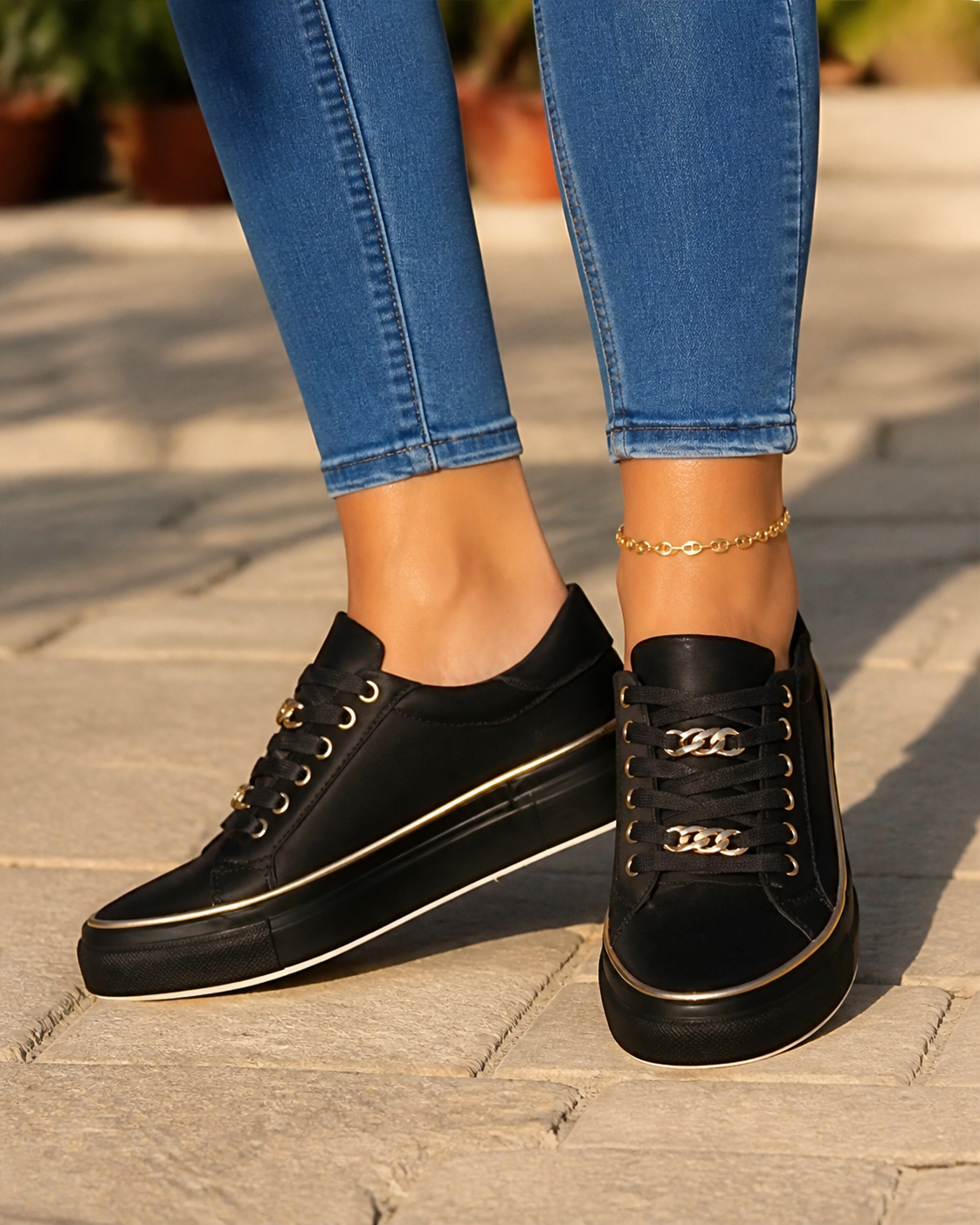 Harlow Flatform Lace-Up Sneakers | Women's Gold-Chain Trainers — Black — onfoot