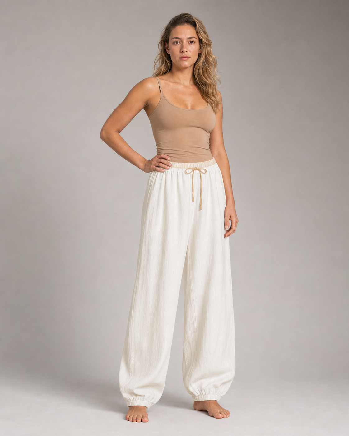 Vivo Drawstring Tapered Pants | Women's Relaxed Summer Trousers — White — threequarter