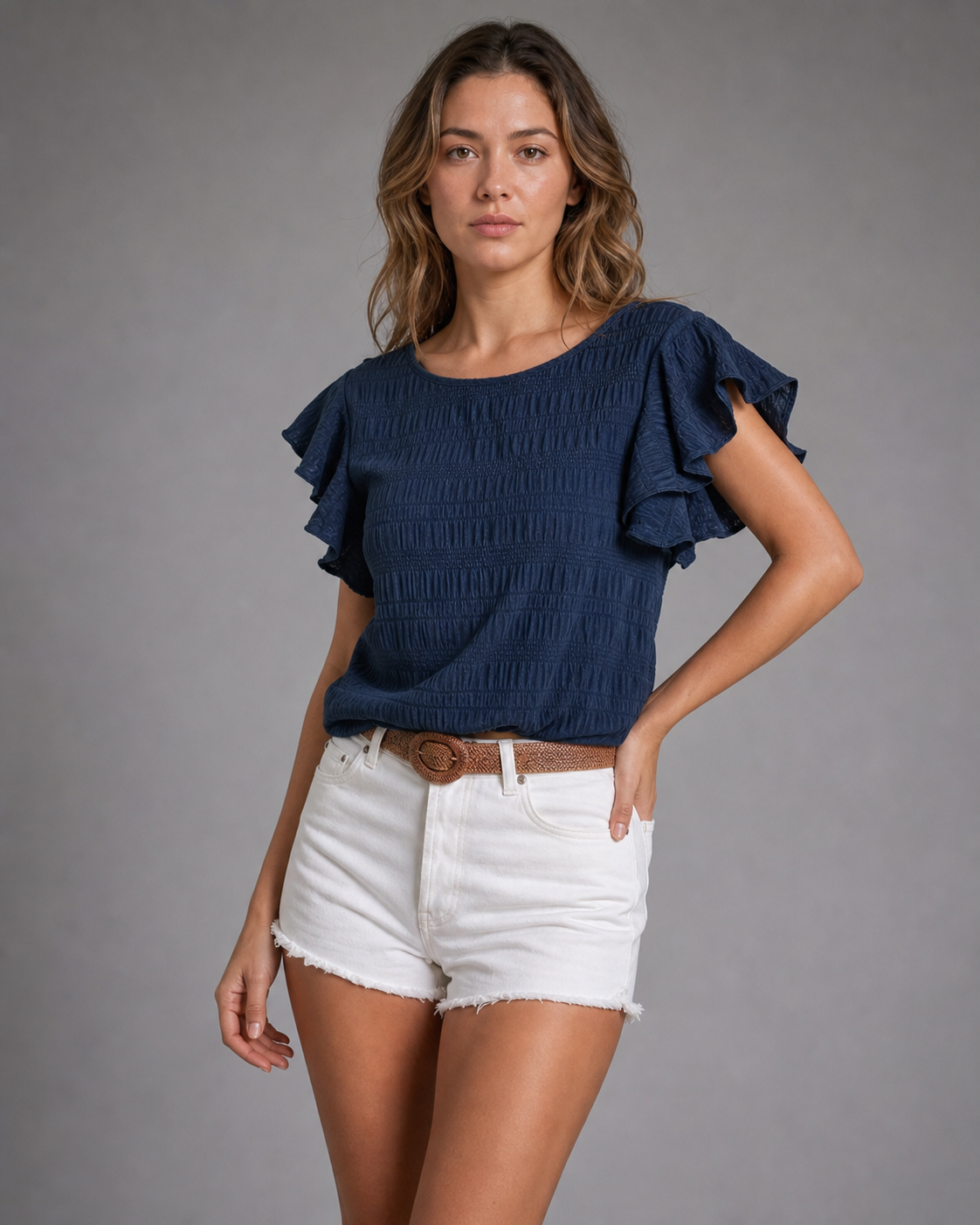Charmaine Smocked Flutter-Sleeve Top | Women's Ruffle Blouse — Navy Blue — threequarter