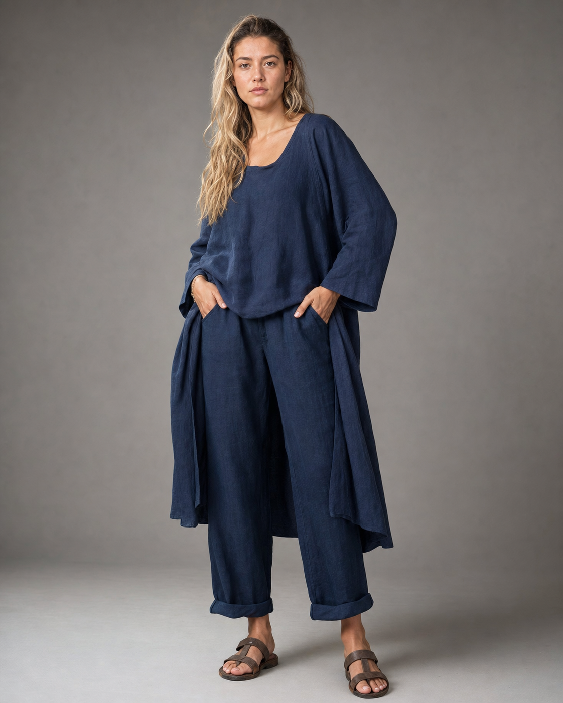 Joy Top & Trouser Set | Women's Relaxed Two-Piece Co-Ord — Navy Blue — threequarter