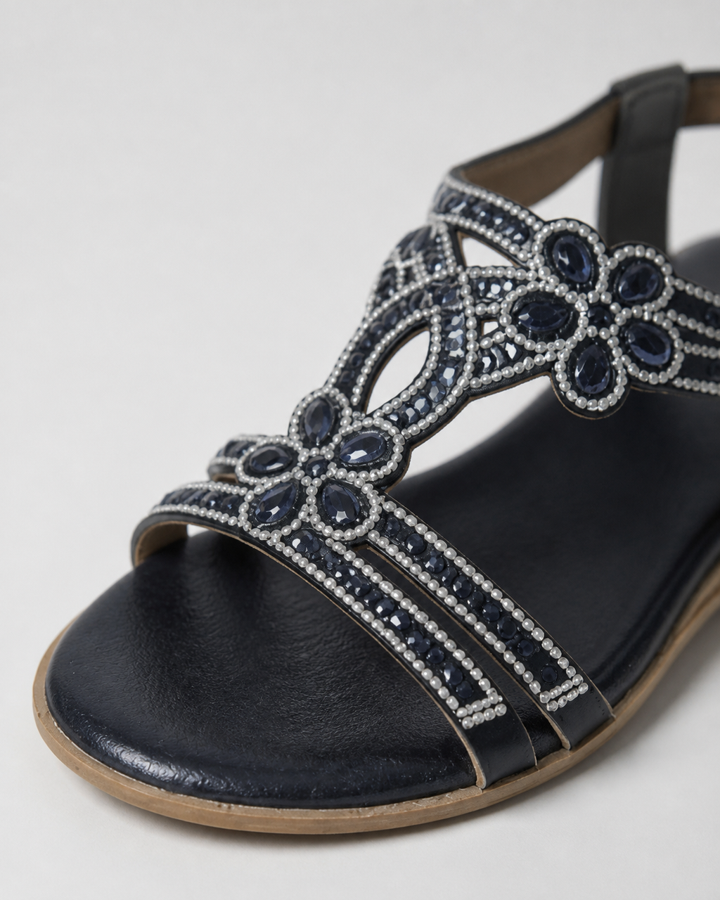 Elina Floral-Trim Flat Sandals | Women's Embellished Slingback Sandals — Blue — macro