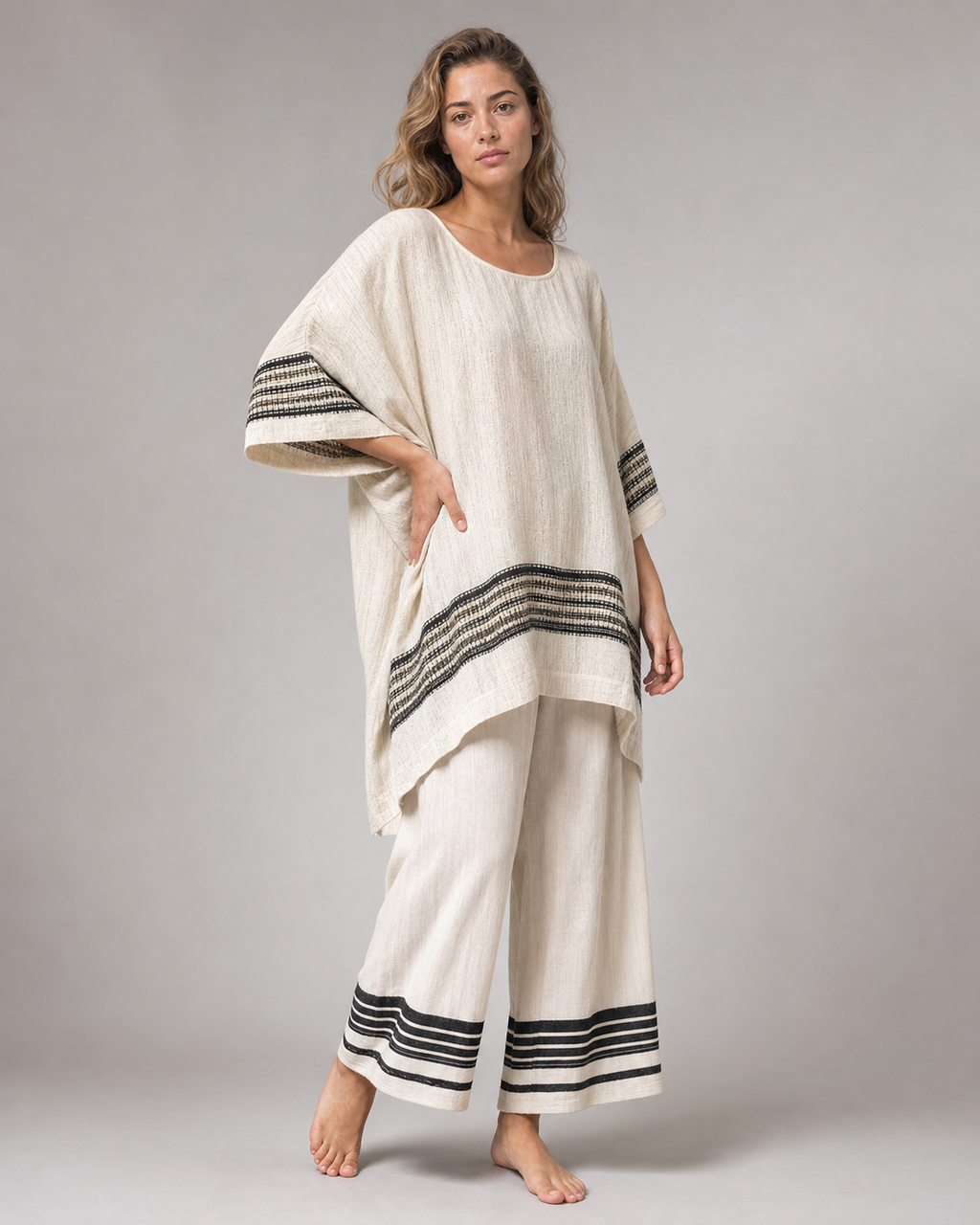 Jesse Striped Co-Ord | Women's Two-Piece Wide-Leg Set — White — threequarter