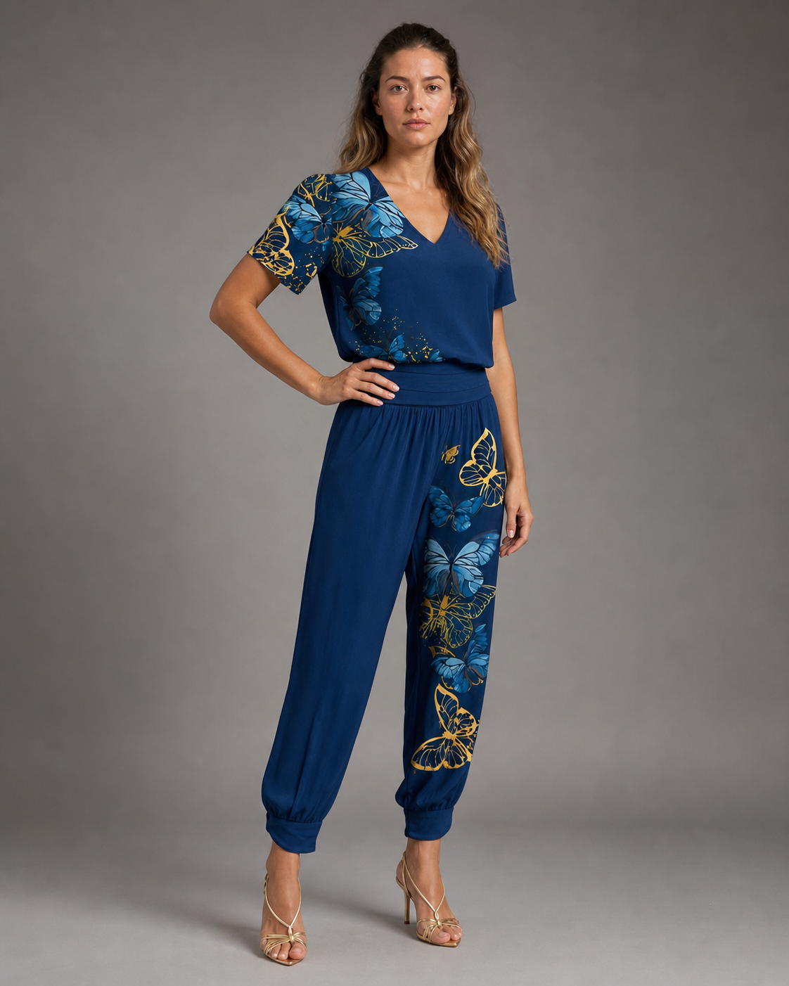 Alexandra Printed Co-Ord | Women's Two-Piece Trouser Set — Blue — threequarter
