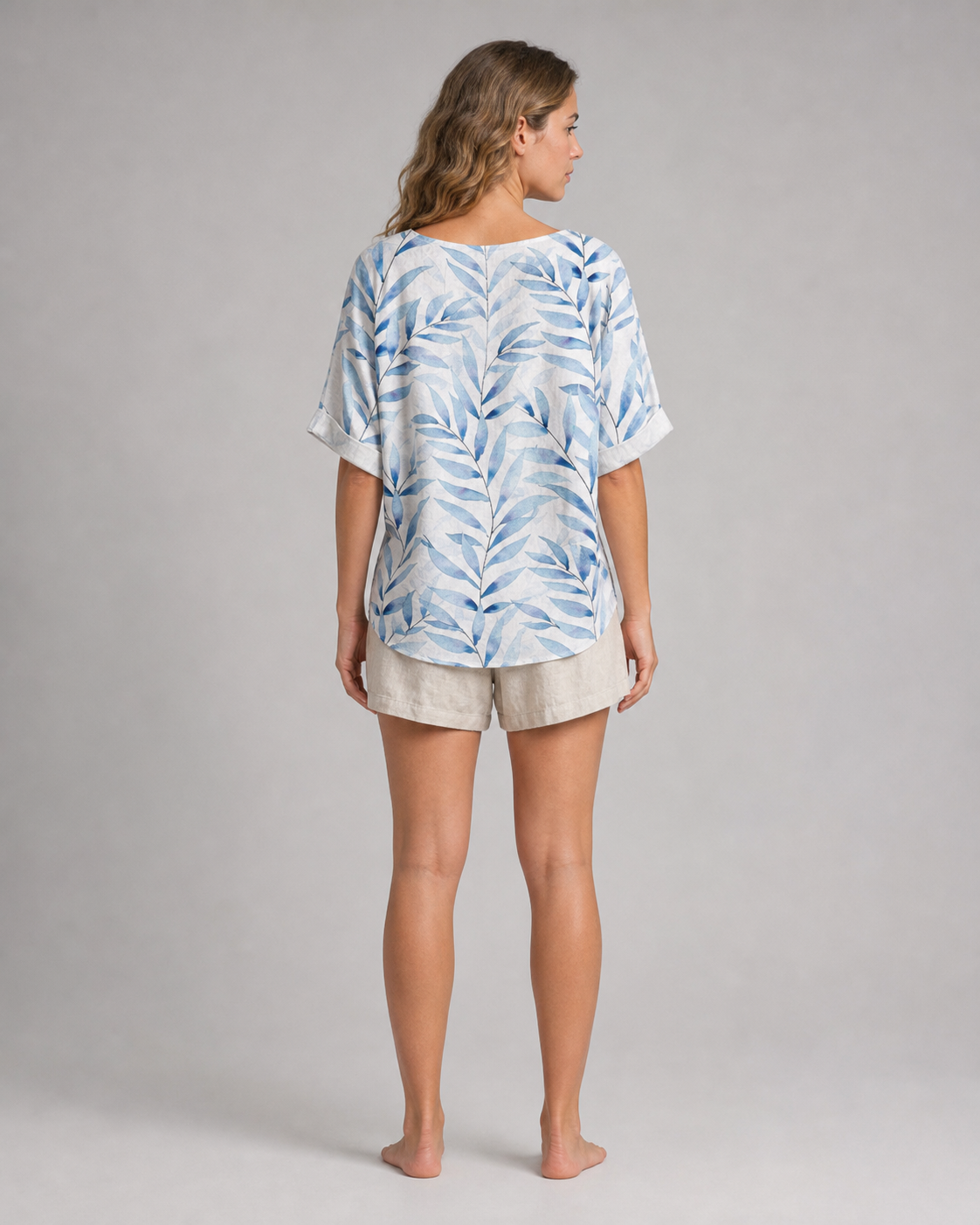 Toni Leaf Print Shirt | Women's Relaxed Roll-Sleeve Top — White — back