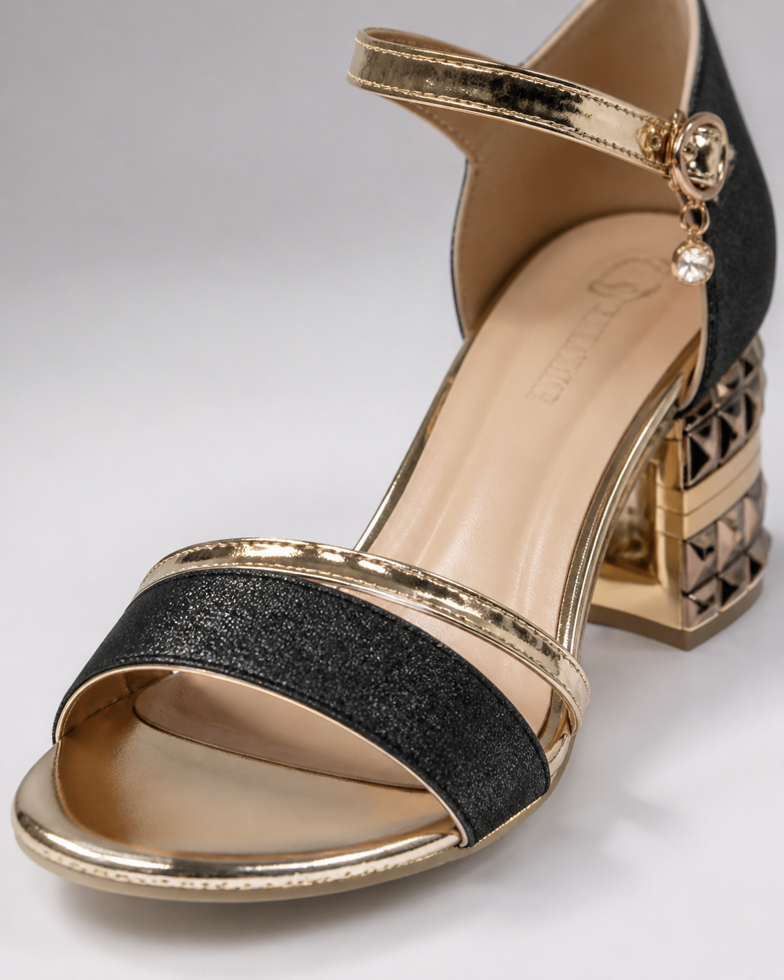 Evadne Block Heel Sandals | Women's Metallic Ankle-Strap Sandals — Black — macro
