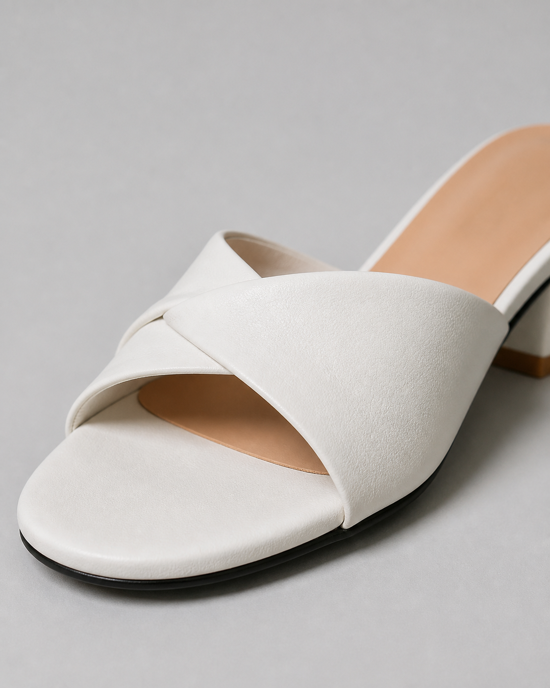 Ava Twisted-Strap Mule Sandals | Women's Low Block Heel Sandals — White — macro