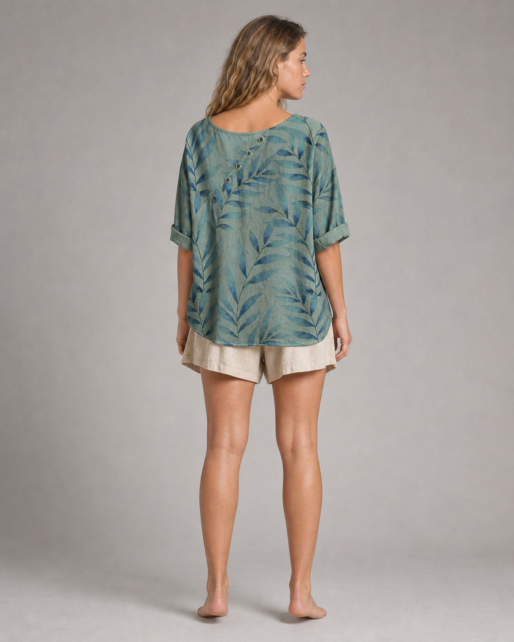Toni Leaf Print Shirt | Women's Relaxed Roll-Sleeve Top — Green — back