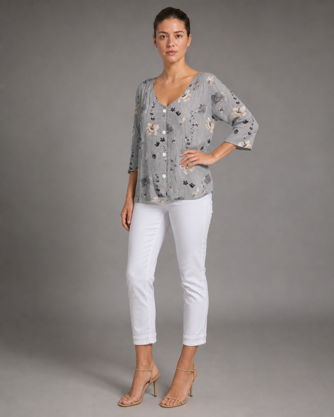 Sherry Floral Blouse | Women's V-Neck Relaxed Top — Grey — threequarter