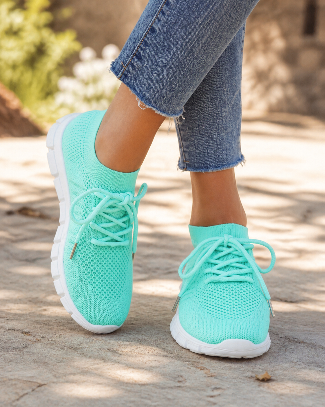 Nova Lightweight Knit Sneakers | Women's Lace-Up Trainers — Green — onfoot
