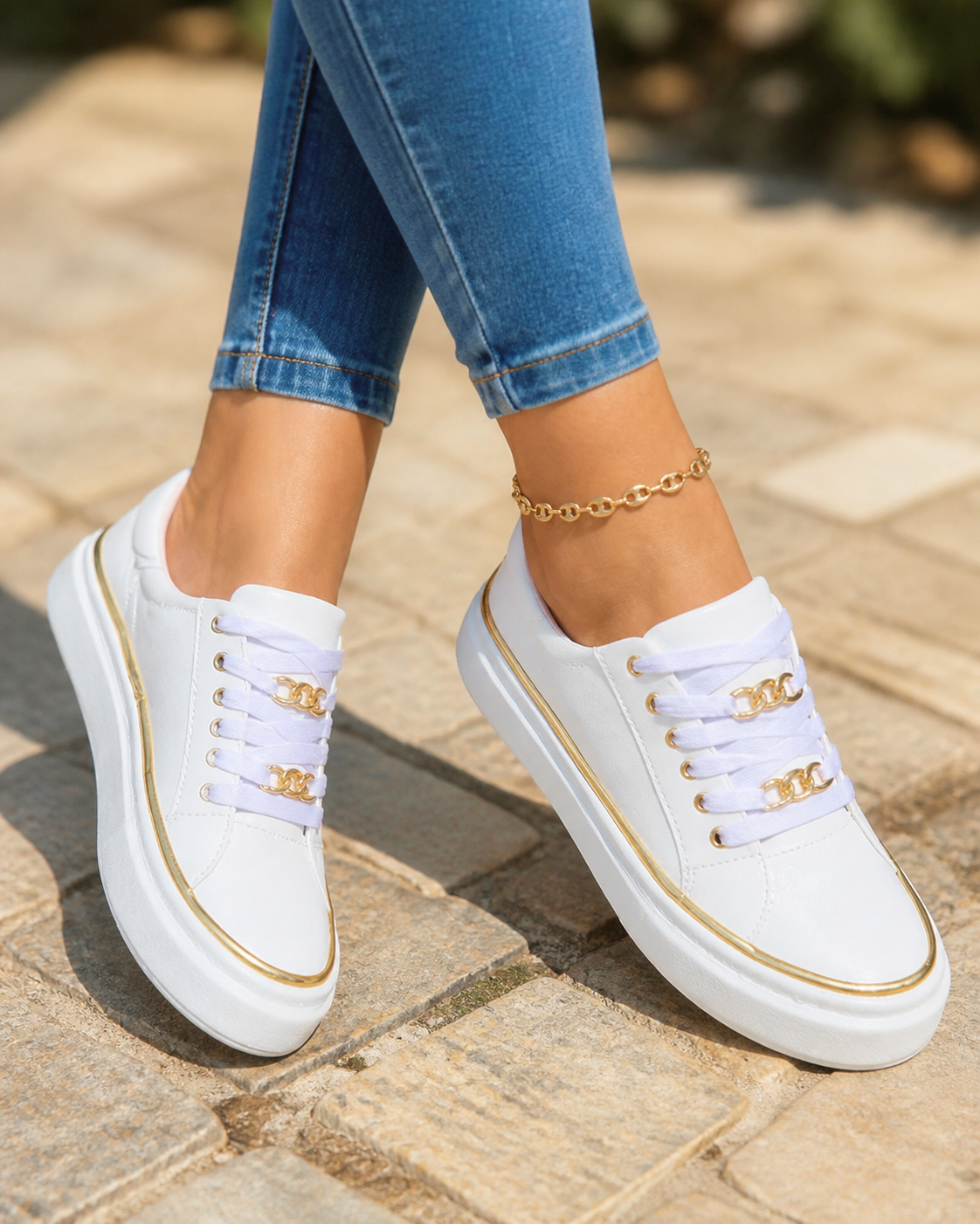 Cleo Gold-Chain Platform Sneakers | Women's Lace-Up Trainers — White — onfoot
