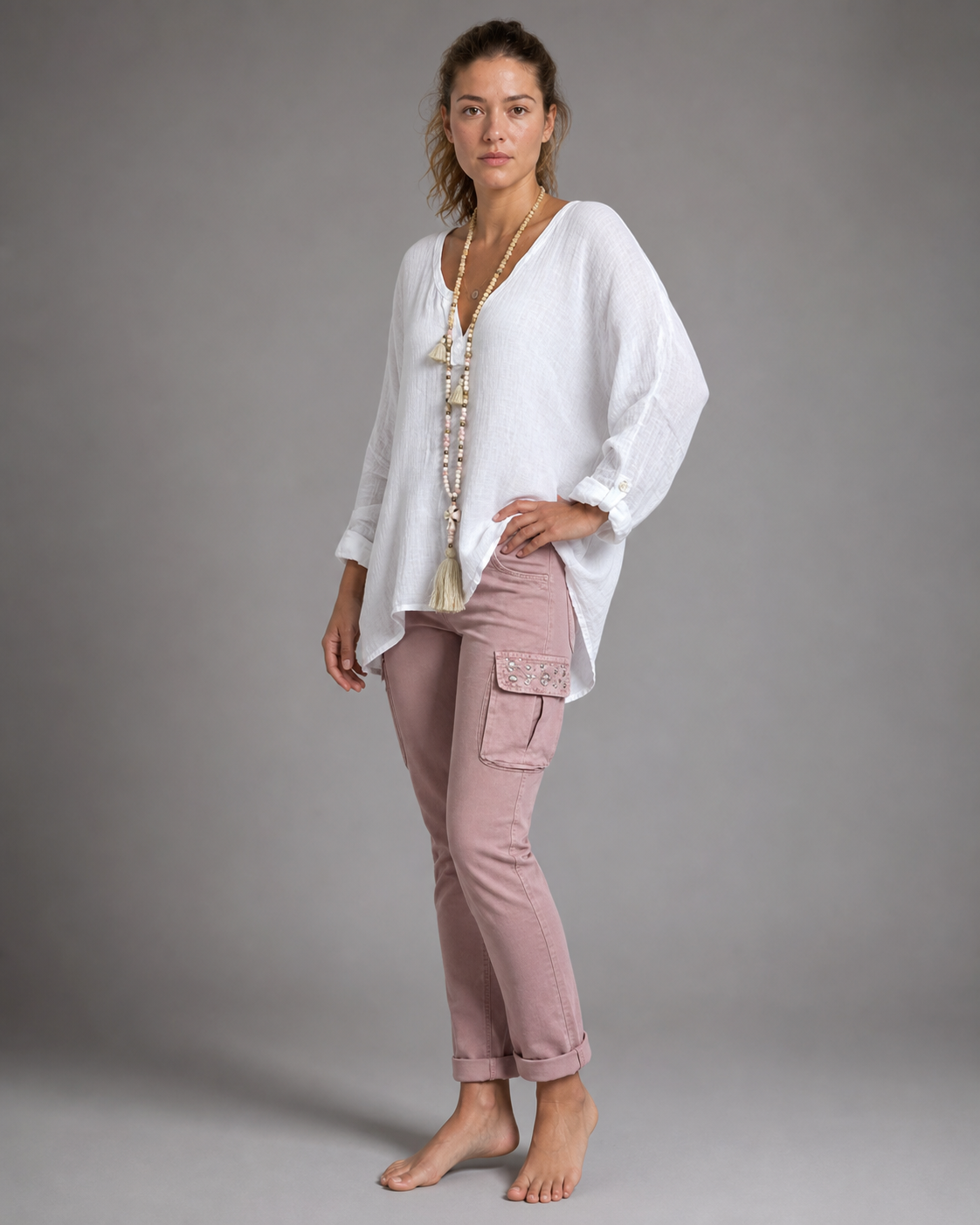 Criza Oversized Shirt | Women's Lightweight Relaxed Blouse — White — threequarter