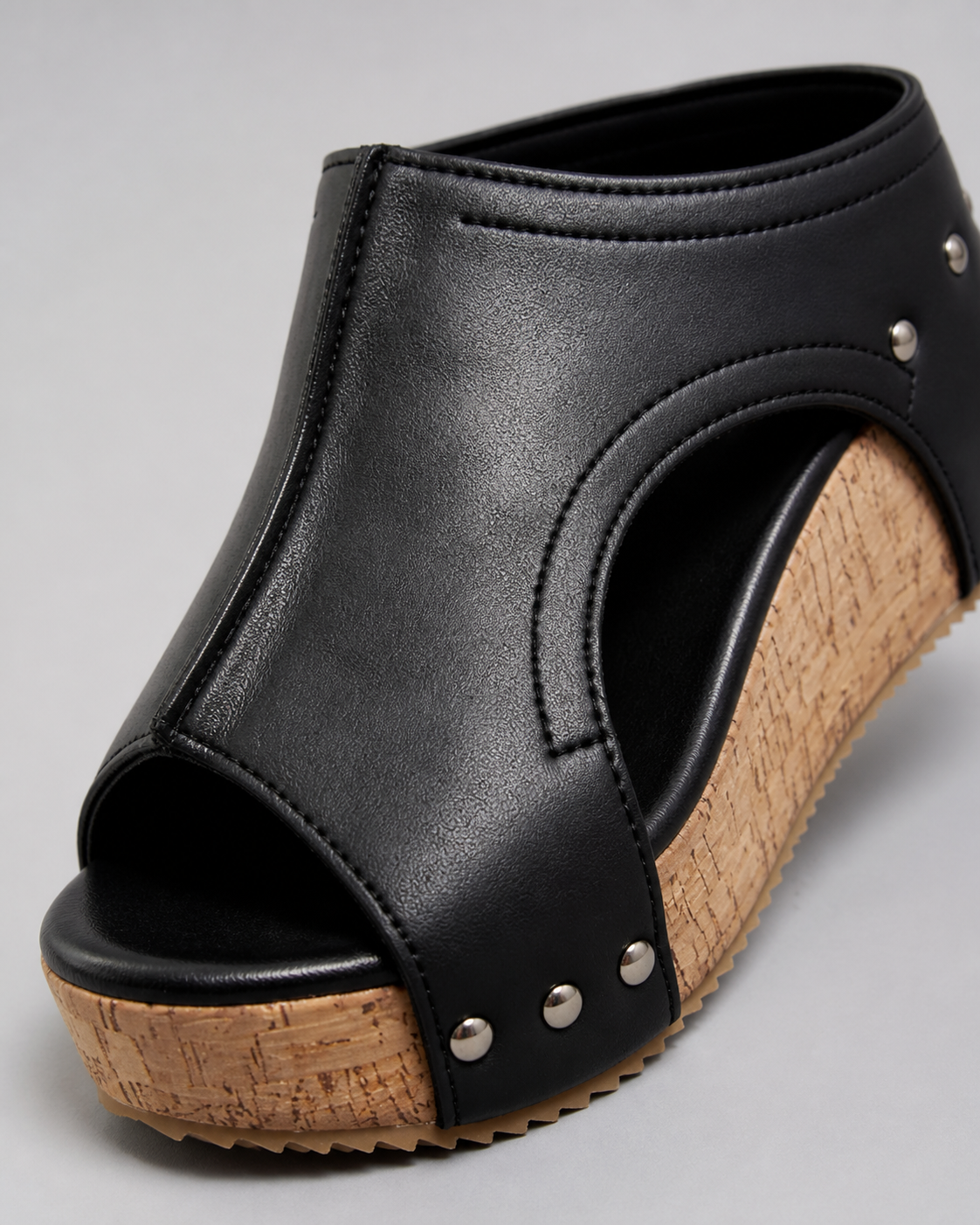 Quinley Cork Wedge Sandals | Women's Cut-Out Platform Slides — Black — macro