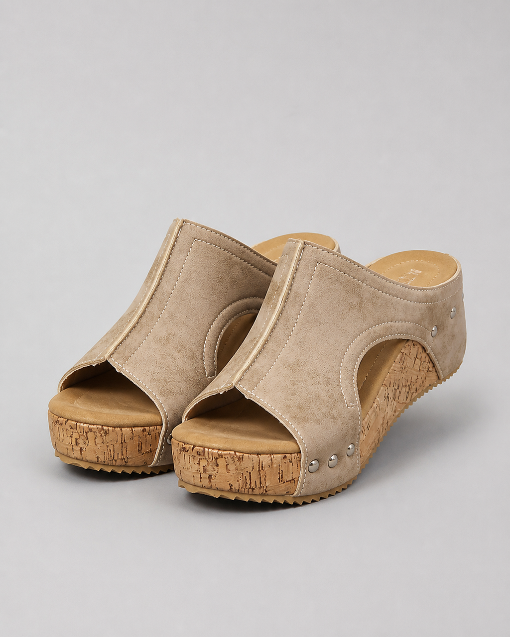 Quinley Cork Wedge Sandals | Women's Cut-Out Platform Slides — Beige — hero