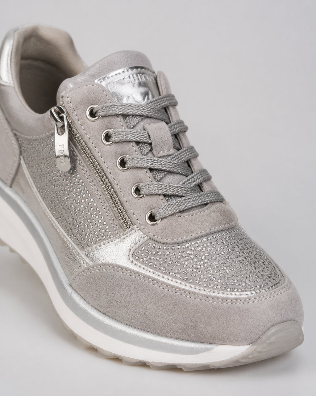 Sparkle Rhinestone Zip Trainers | Women's Metallic Lace-Up Sneakers — Silver — macro