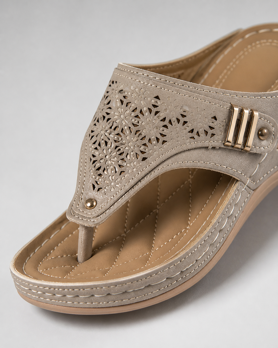 Zara Embroidered Wedge Sandals | Women's Toe-Post Slip-On Sandals — Khaki — macro