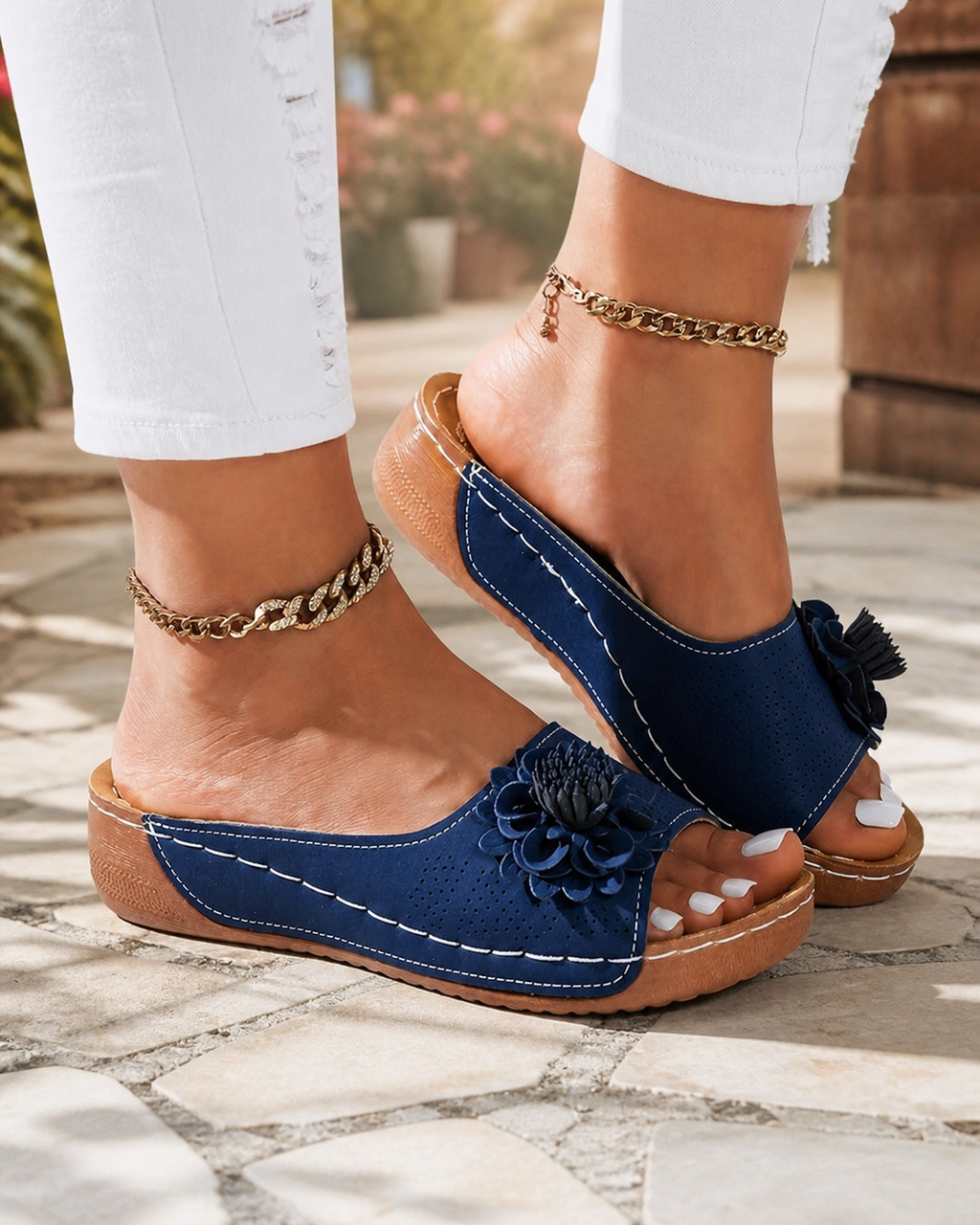 Flora Floral Wedge Sandals | Women's Slip-On Comfort Sandals — Blue — onfoot