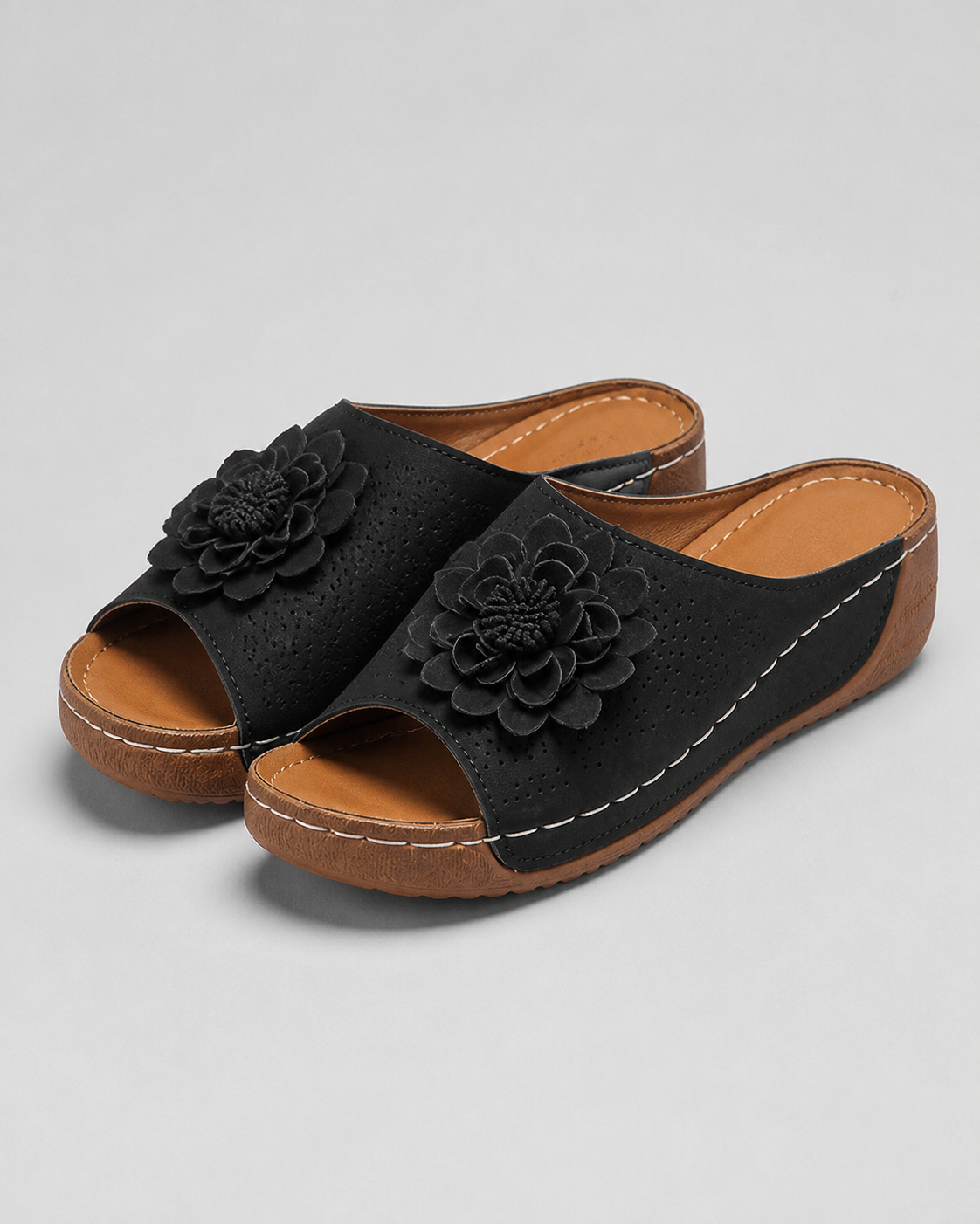 Flora Floral Wedge Sandals | Women's Slip-On Comfort Sandals — Black — hero