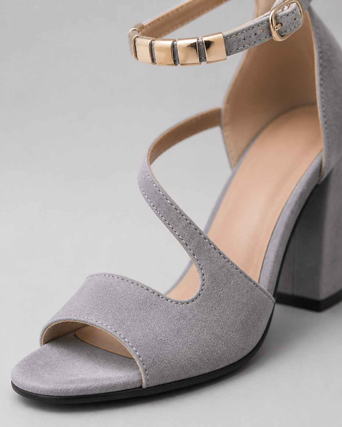 Angelica Block Heel Sandals | Women's Ankle-Strap Heeled Sandals — Gray — macro