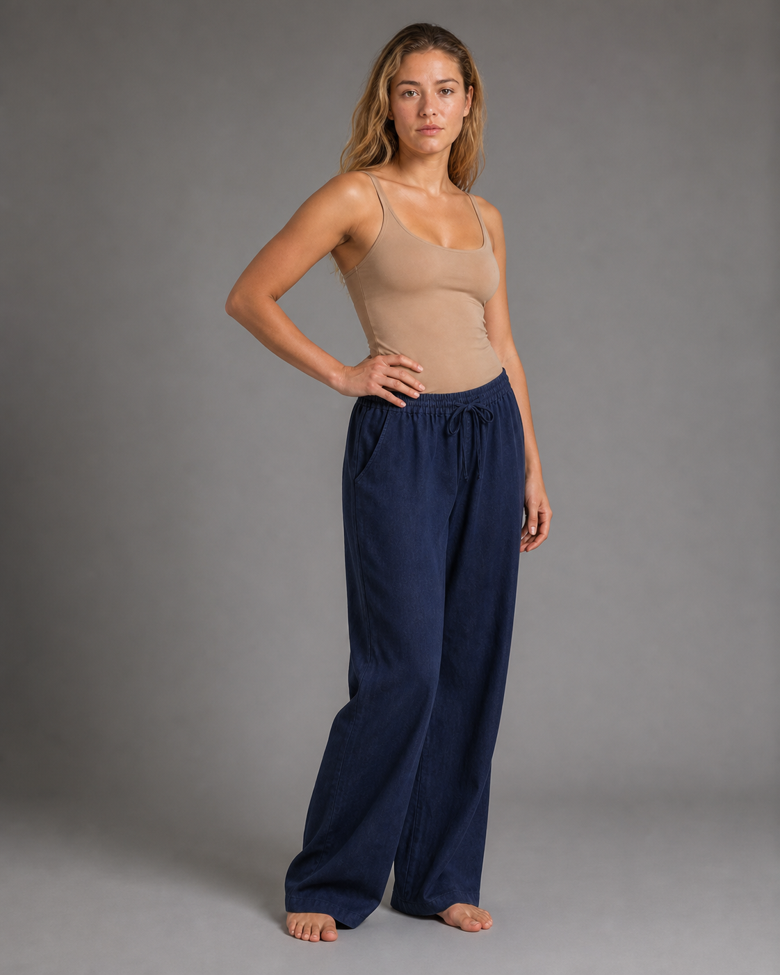 Vivo Drawstring Tapered Pants | Women's Relaxed Summer Trousers — Navy Blue — threequarter