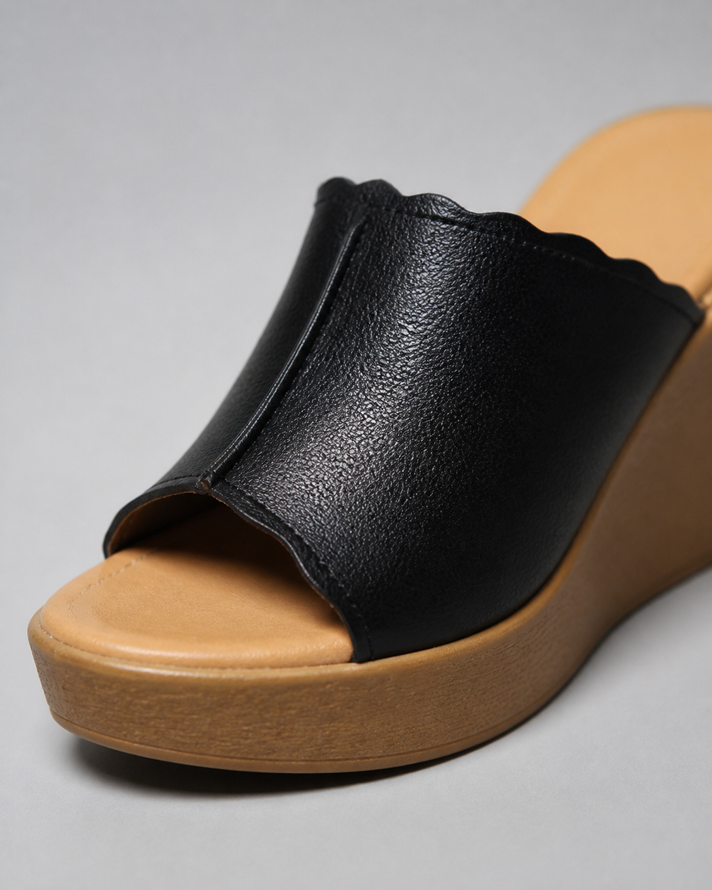 Verona Peep-Toe Wedge Sandals | Women's Slip-On Mule Sandals — Black — macro