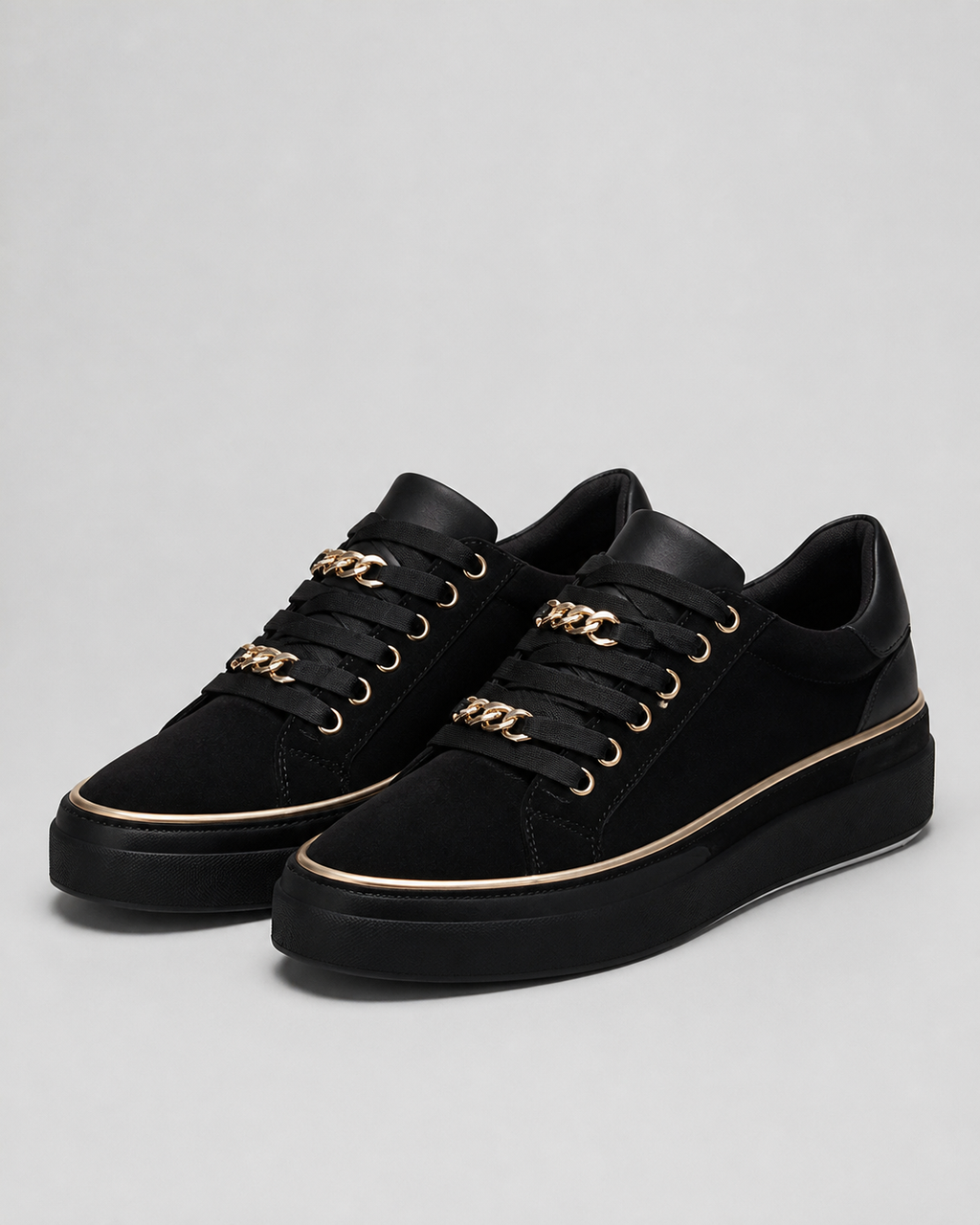 Harlow Flatform Lace-Up Sneakers | Women's Gold-Chain Trainers — Black — hero