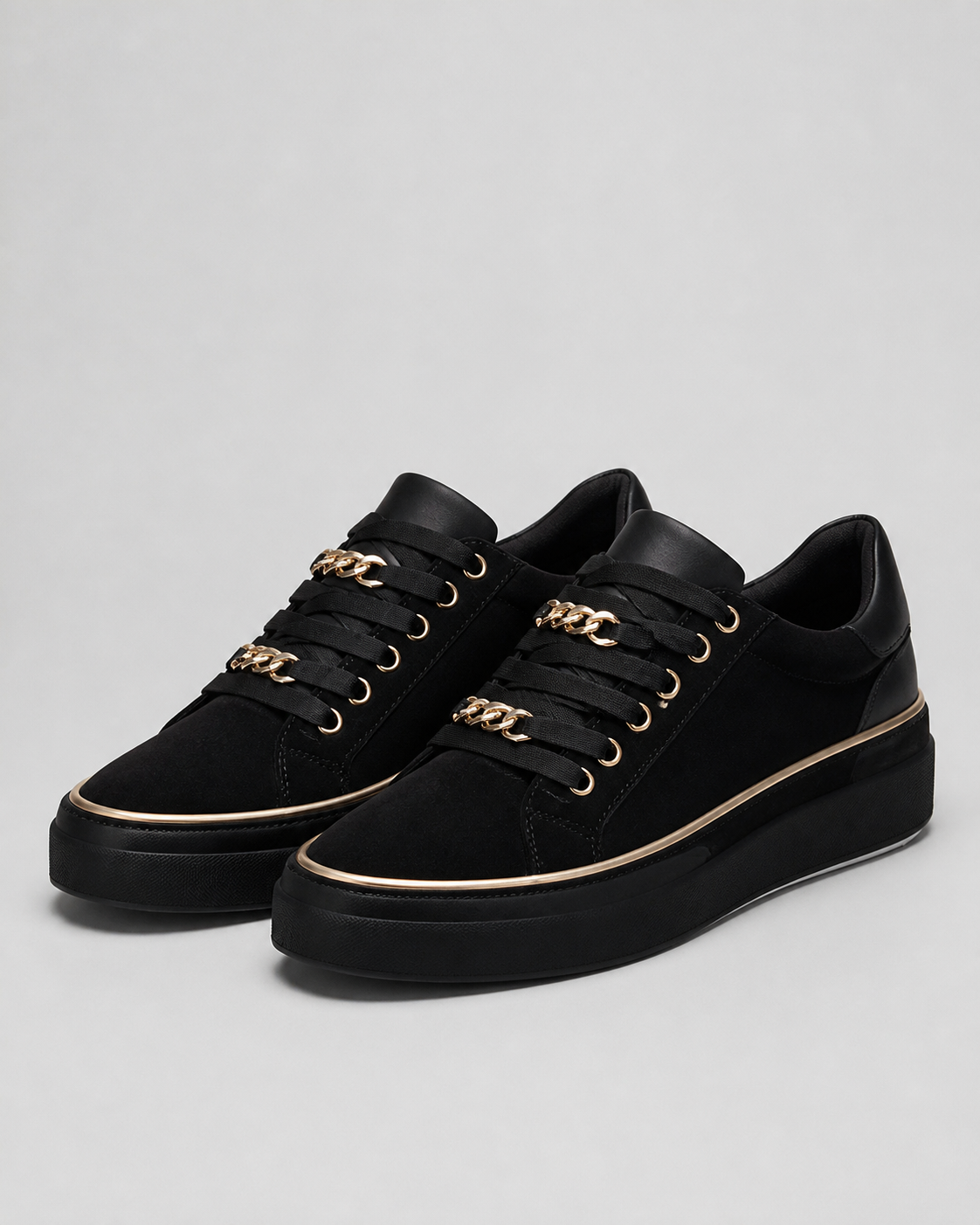 Harlow Flatform Lace-Up Sneakers | Women's Gold-Chain Trainers — Black — hero