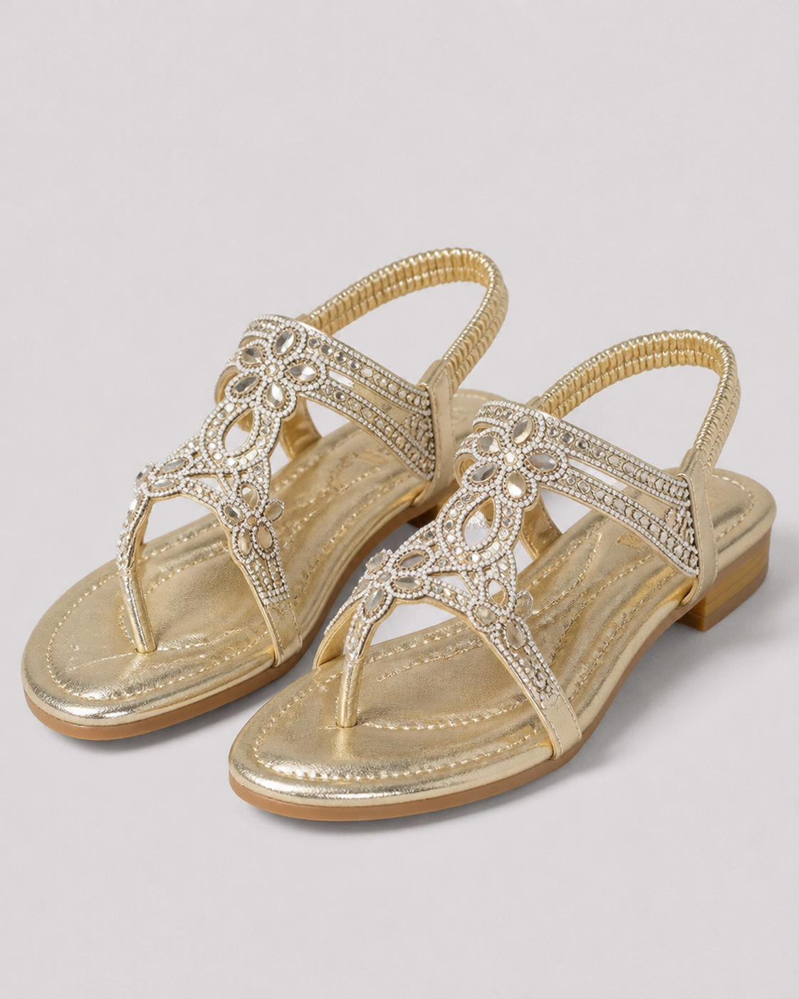 Elina Floral-Trim Flat Sandals | Women's Embellished Slingback Sandals — Gold — hero