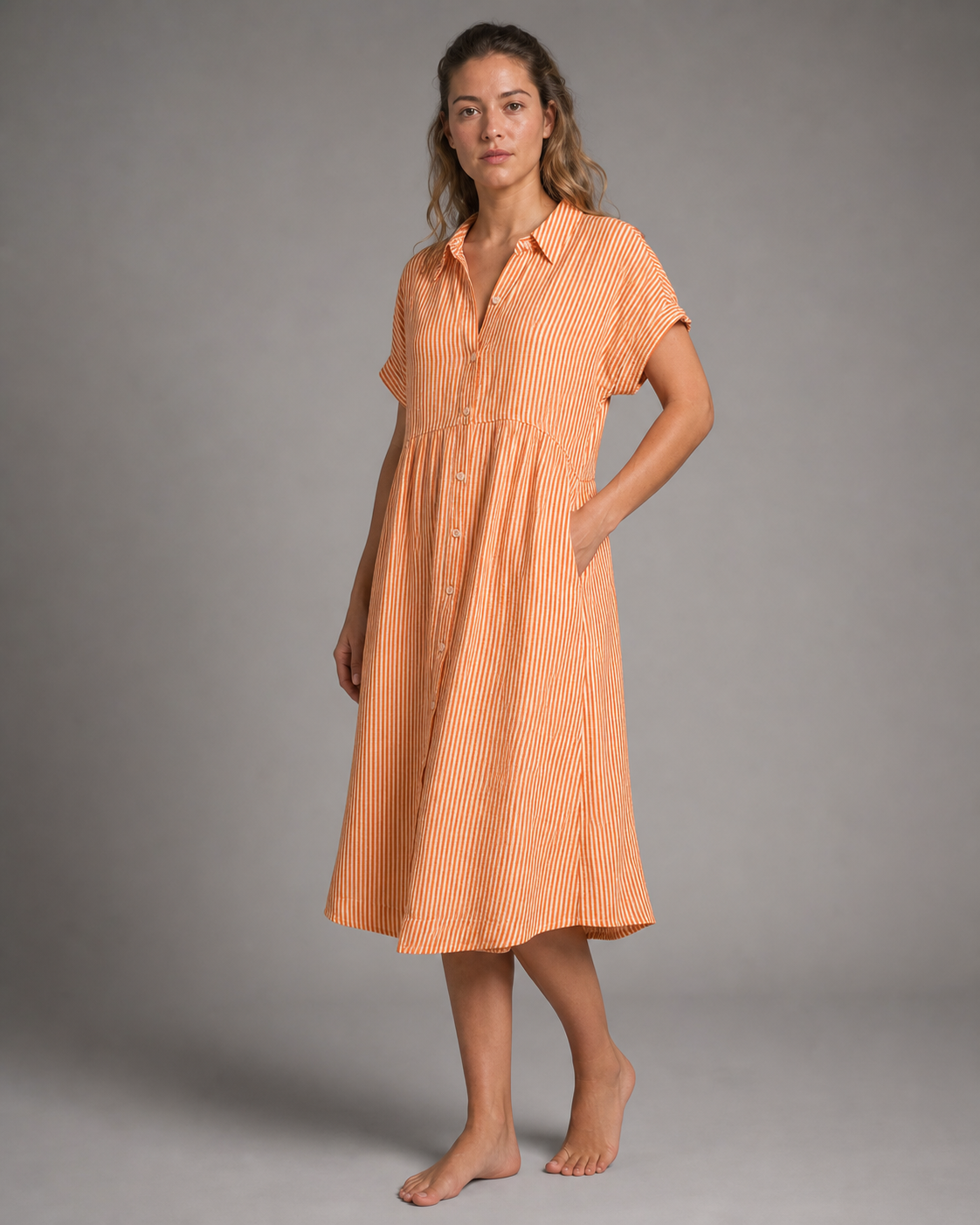 Corinne Striped Shirt | Women's Relaxed Button-Up Top — Orange — threequarter
