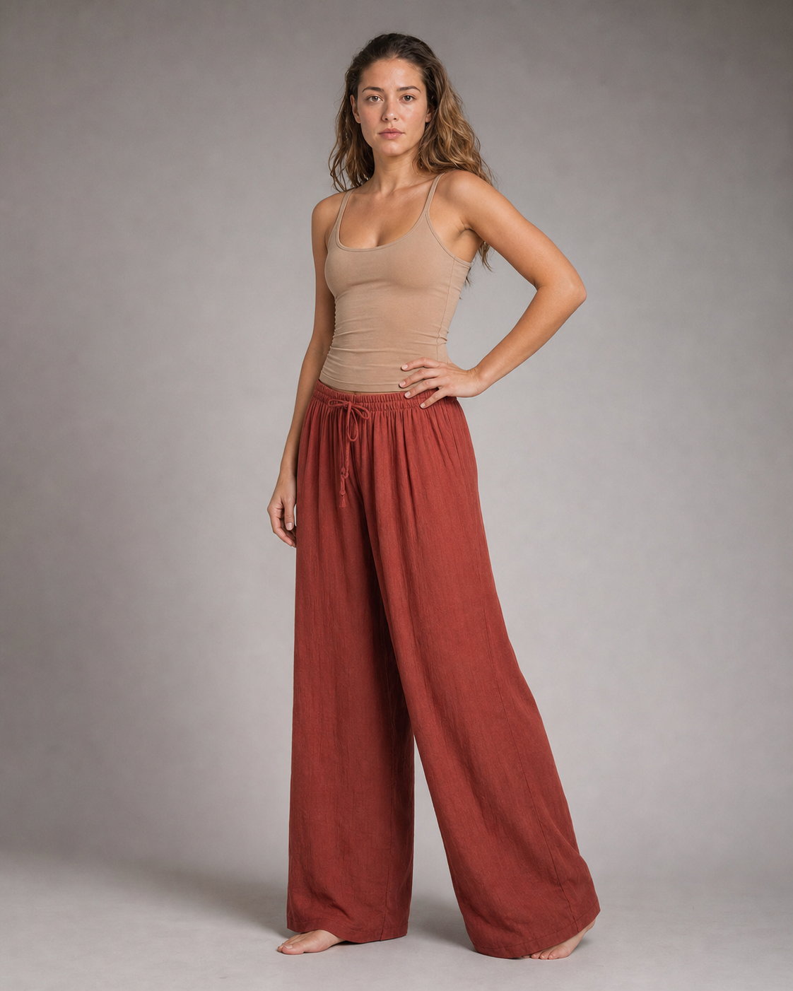 Sandra Drawstring Wide-Leg Pants | Women's Relaxed Trousers — Red — threequarter