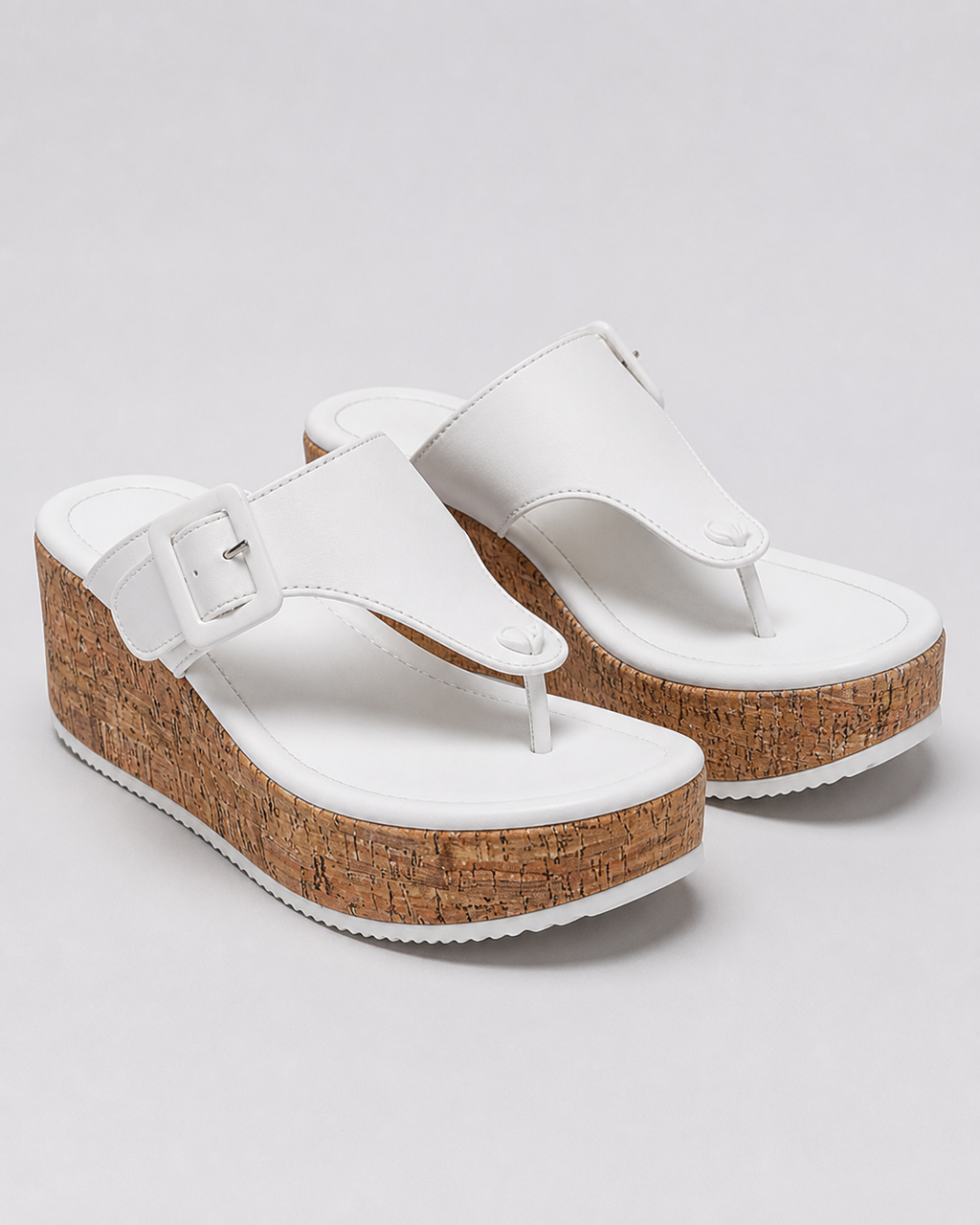 Cork Wedge Thong Sandals | Women's Buckle Platform Sandals — White — hero