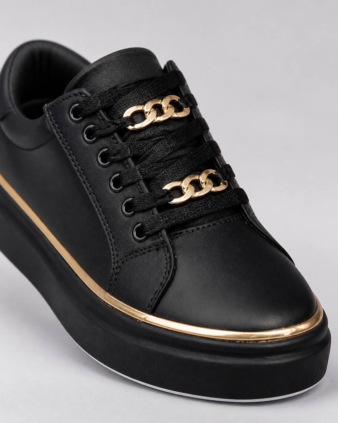 Cleo Gold-Chain Platform Sneakers | Women's Lace-Up Trainers — Black — macro