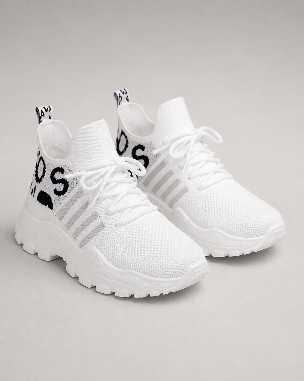 Aura Chunky-Sole Knit Trainers | Women's Lace-Up Mesh Sneakers — White 3 — hero