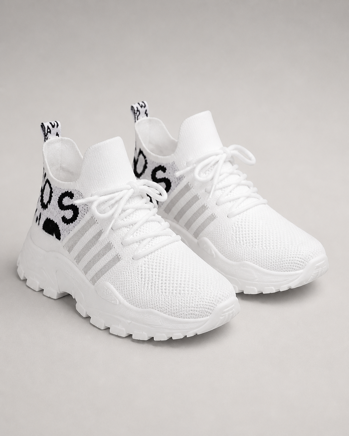 Aura Chunky-Sole Knit Trainers | Women's Lace-Up Mesh Sneakers — White 3 — hero