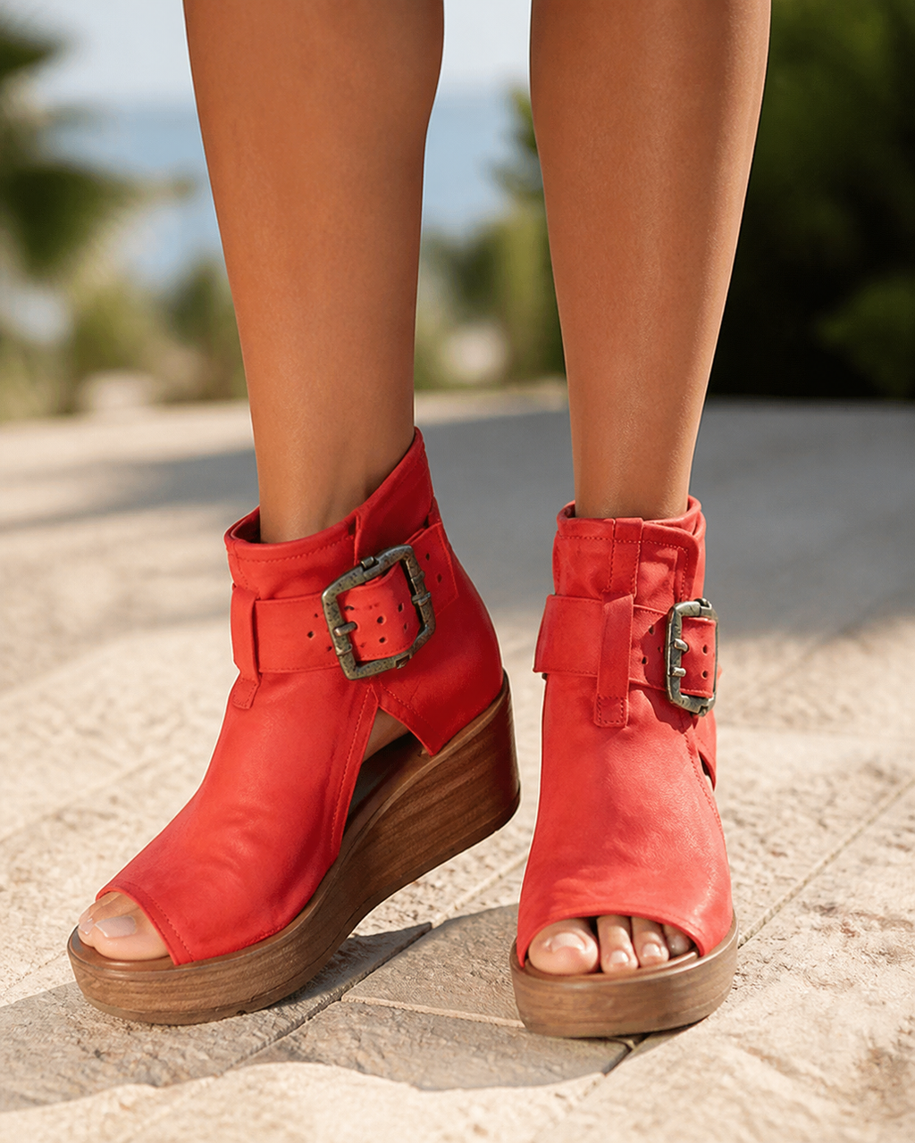Rosamund Ankle-Strap Wedge Sandals | Women's High Platform Sandals — Red — onfoot
