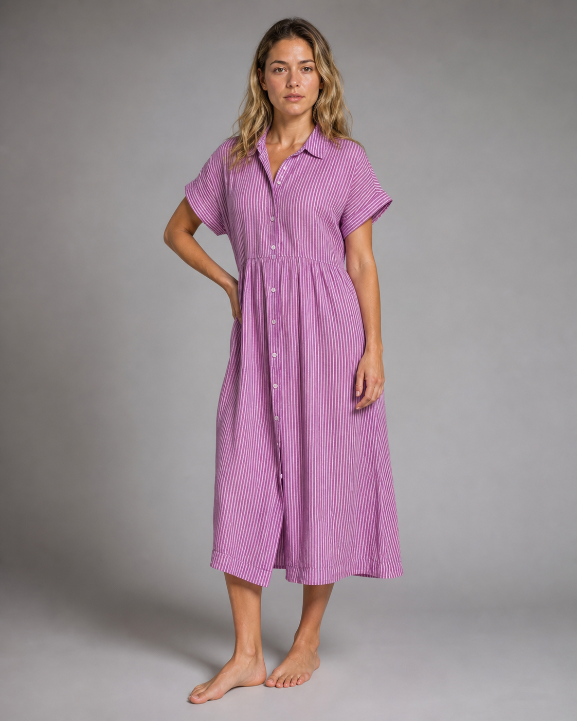 Corinne Striped Shirt | Women's Relaxed Button-Up Top — Pink — threequarter