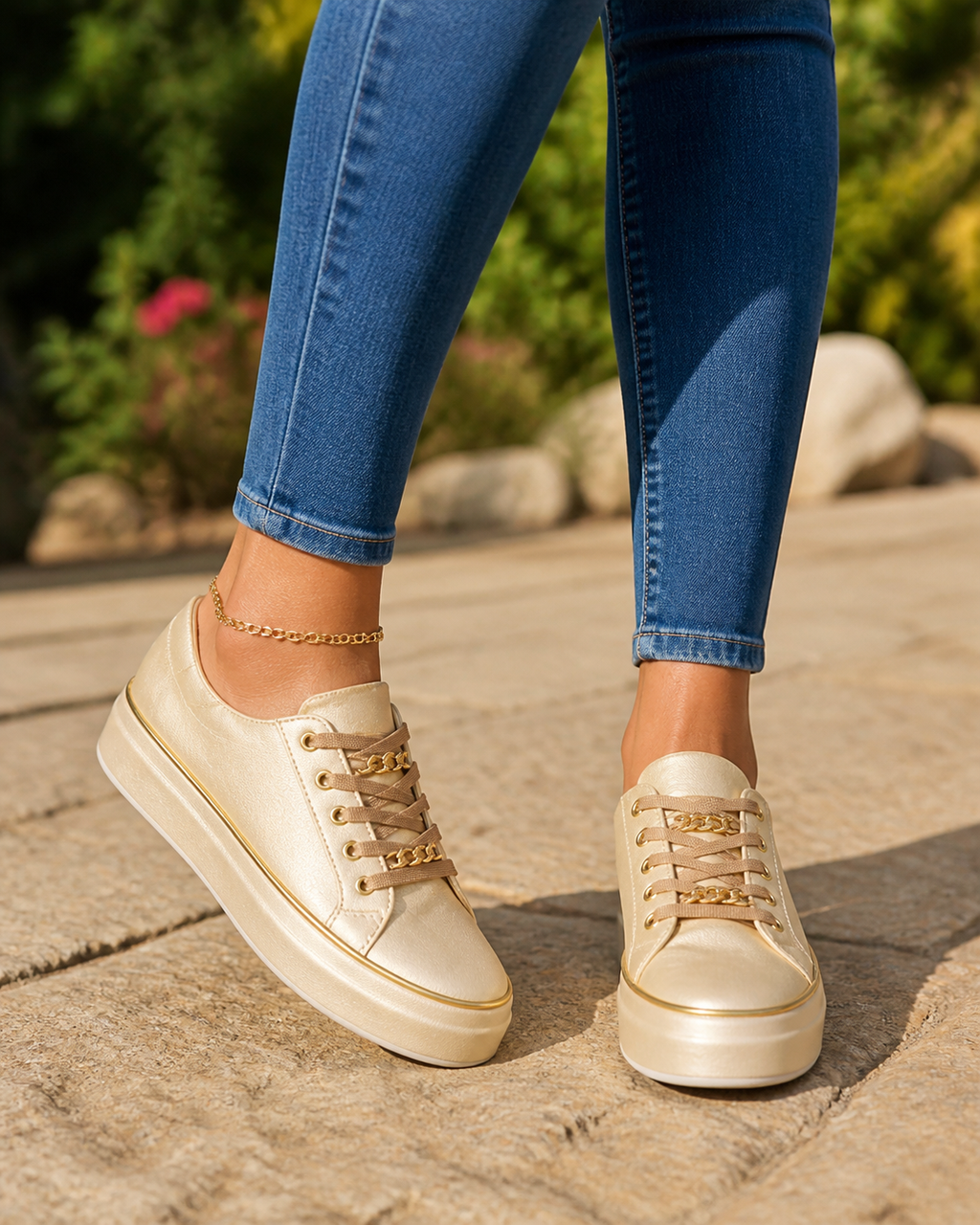 Cleo Gold-Chain Platform Sneakers | Women's Lace-Up Trainers — Gold — onfoot